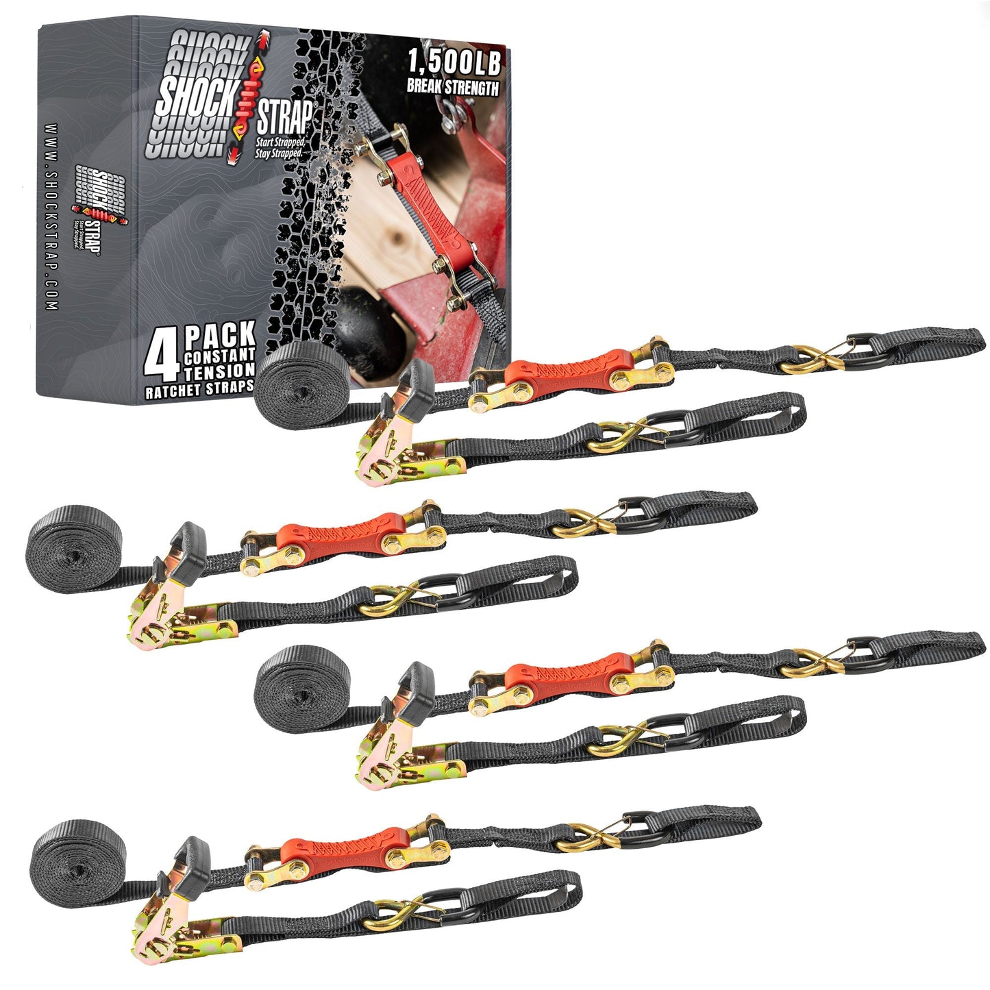 SHOCKSTRAP 10 ft x 1 in Ratchet Strap with Clip Hooks | Constant Tension | 1,500 lb Break Strength | 500 lb Working Load Limit