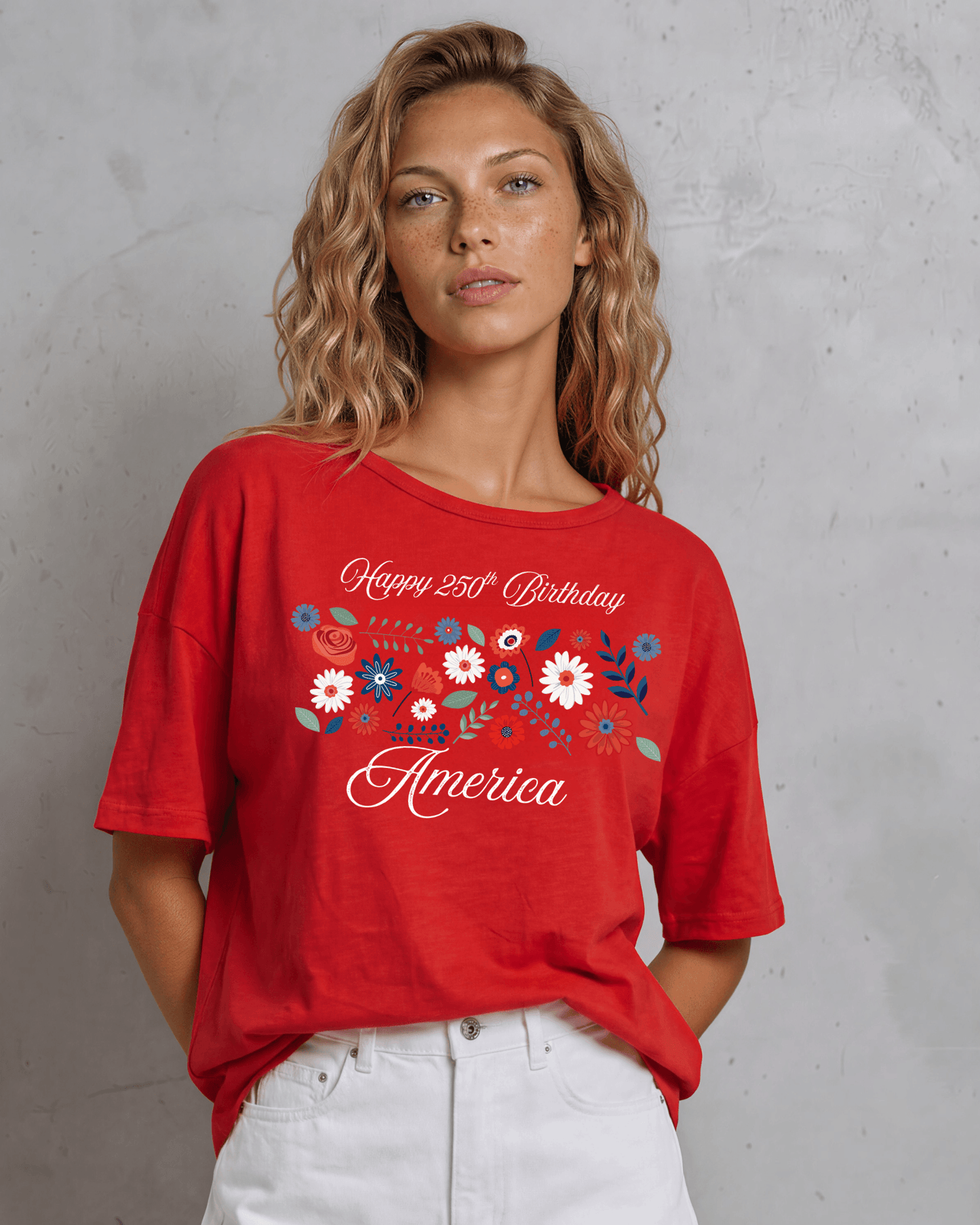 Happy 250th Birthday America Oversized Slub Top in Crimson Red