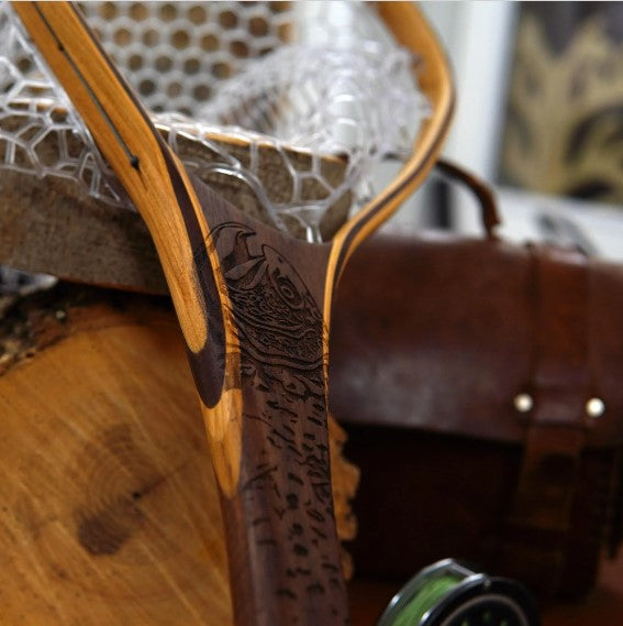 Fat Jake 16"x12" - Brown Trout Engraved - Natural Fly Fishing Traditional Landing Net - Handcrafted & Made in USA