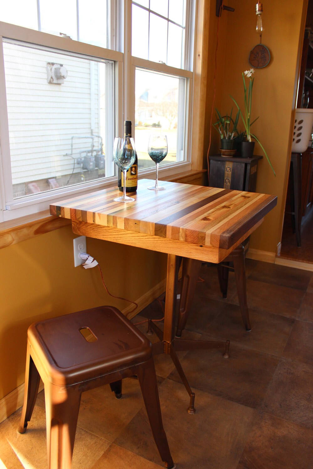 Breakfast Table, Butcher Block Kitchen Table, Wood Small Dining Table, Metal Base Table, Bohemian Butcher Island Table - The Chaotic Grind Store