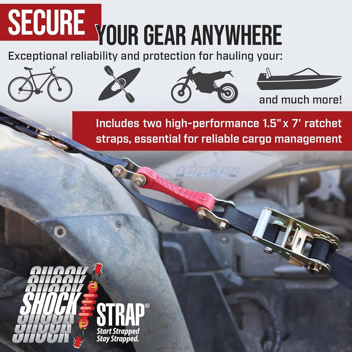 SHOCKSTRAP 10 ft x 1 in Ratchet Strap with Clip Hooks | Constant Tension | 1,500 lb Break Strength | 500 lb Working Load Limit