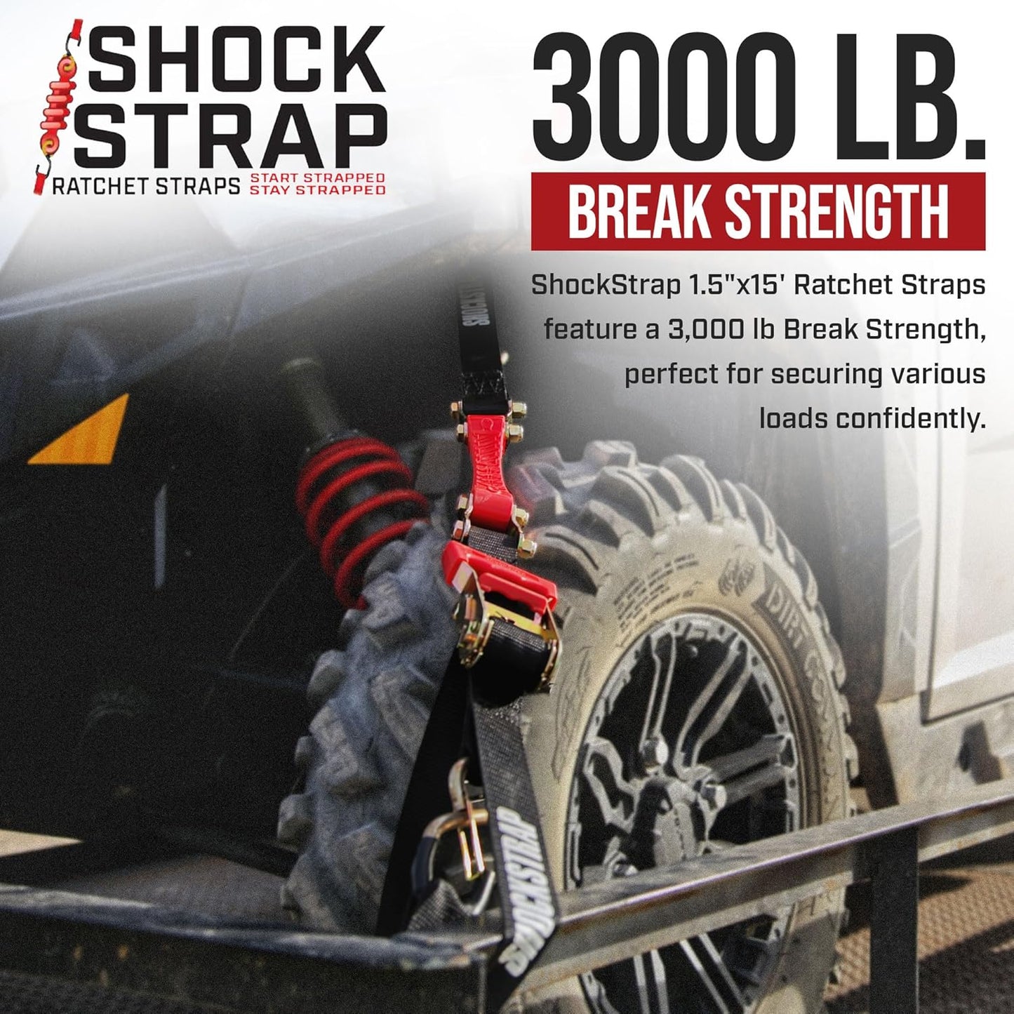 SHOCKSTRAP 15 ft x 1.5 in Ratchet Strap with Clip Hooks | Constant Tension | 3,000 lb Break Strength | 1,000 lb Working Load Limit