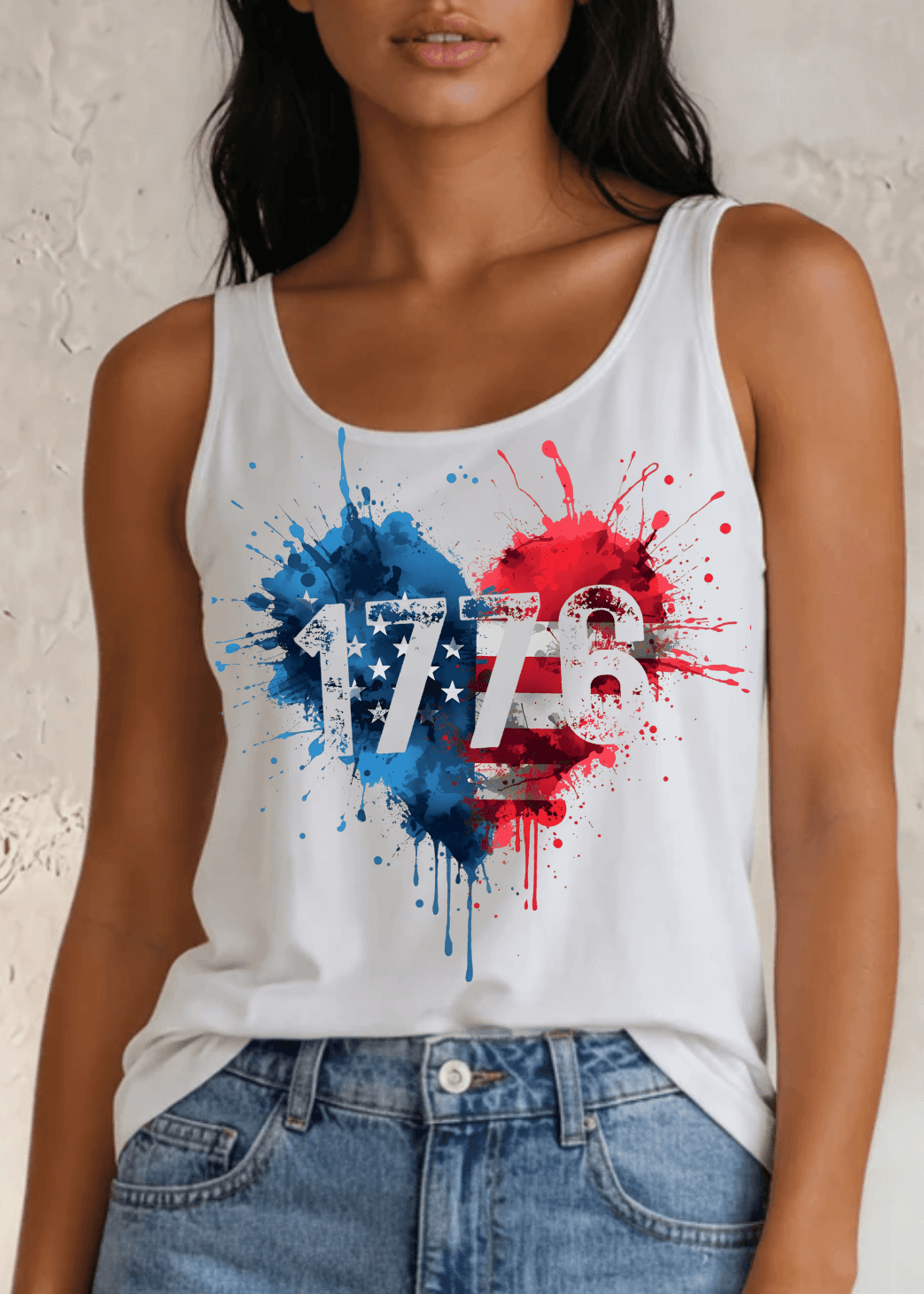 1776 Paint Splatter Heart American Flag Graphic Tank Top in White