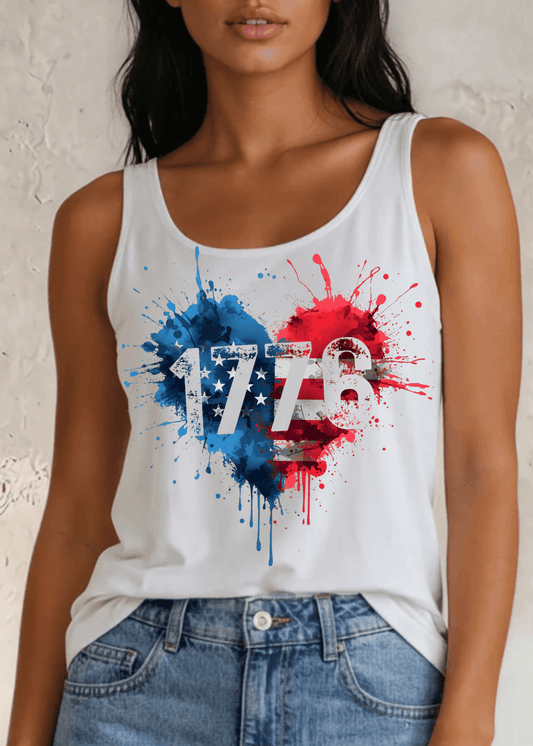 1776 Paint Splatter Heart American Flag Graphic Tank Top in White