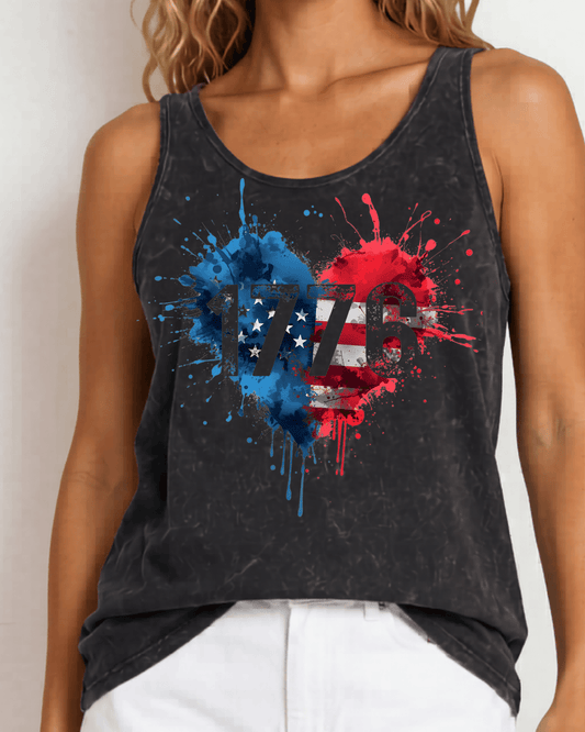 1776 Paint Splatter Heart American Flag Graphic Tank Top in Black