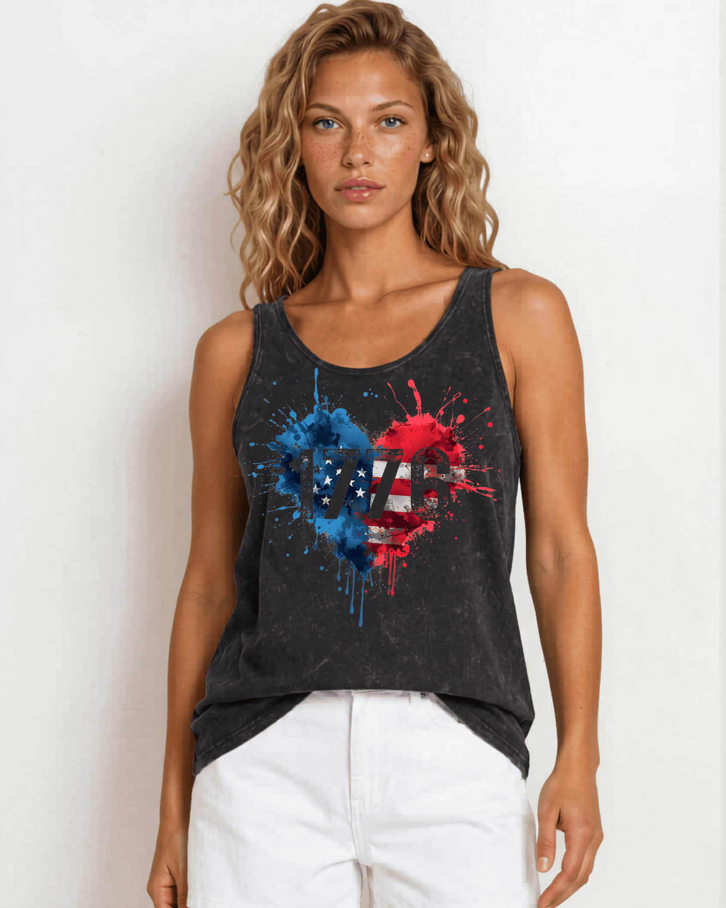 1776 Paint Splatter Heart American Flag Graphic Tank Top in Black