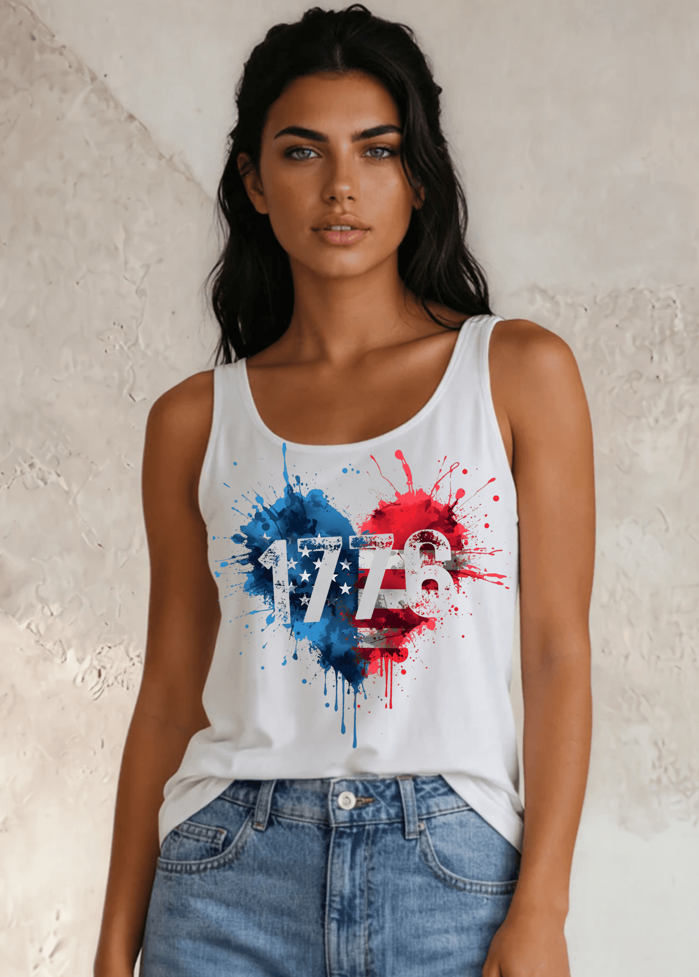 1776 Paint Splatter Heart American Flag Graphic Tank Top in White