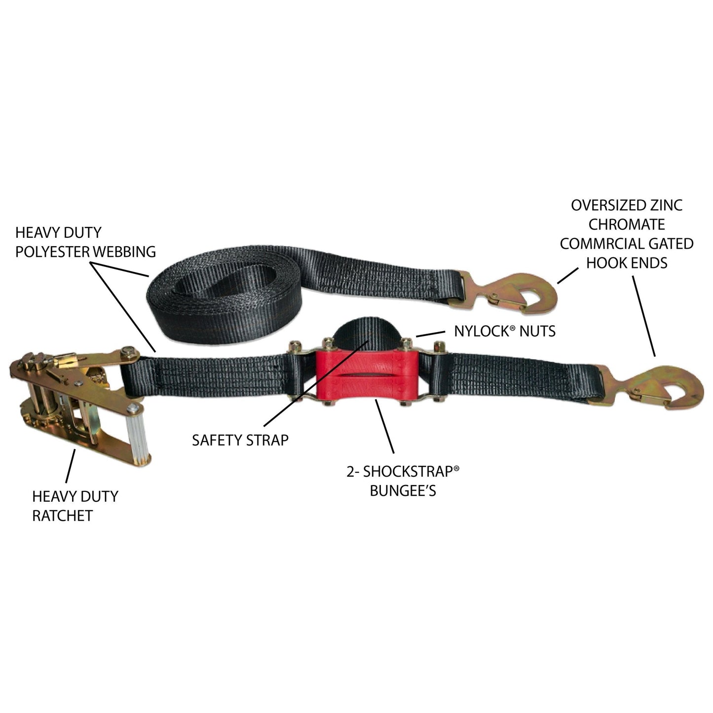 18ft x 2in SHOCKSTRAP®  Ratchet Strap w Snap Hooks, Premium Made in USA Polyester Webbing, 10,000lb Breaking Strength, 3,333lb WLL, Commercial Grade