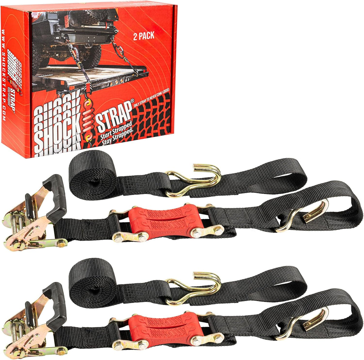 SHOCKSTRAP 18 ft x 2 in Ratchet Strap with Double Wire J Hooks | Constant Tension | 6,000 lb Break Strength | 2,000 lb Working Load Limit
