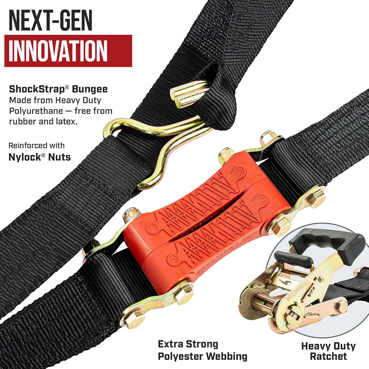 SHOCKSTRAP 18 ft x 2 in Ratchet Strap with Double Wire J Hooks | Constant Tension | 6,000 lb Break Strength | 2,000 lb Working Load Limit