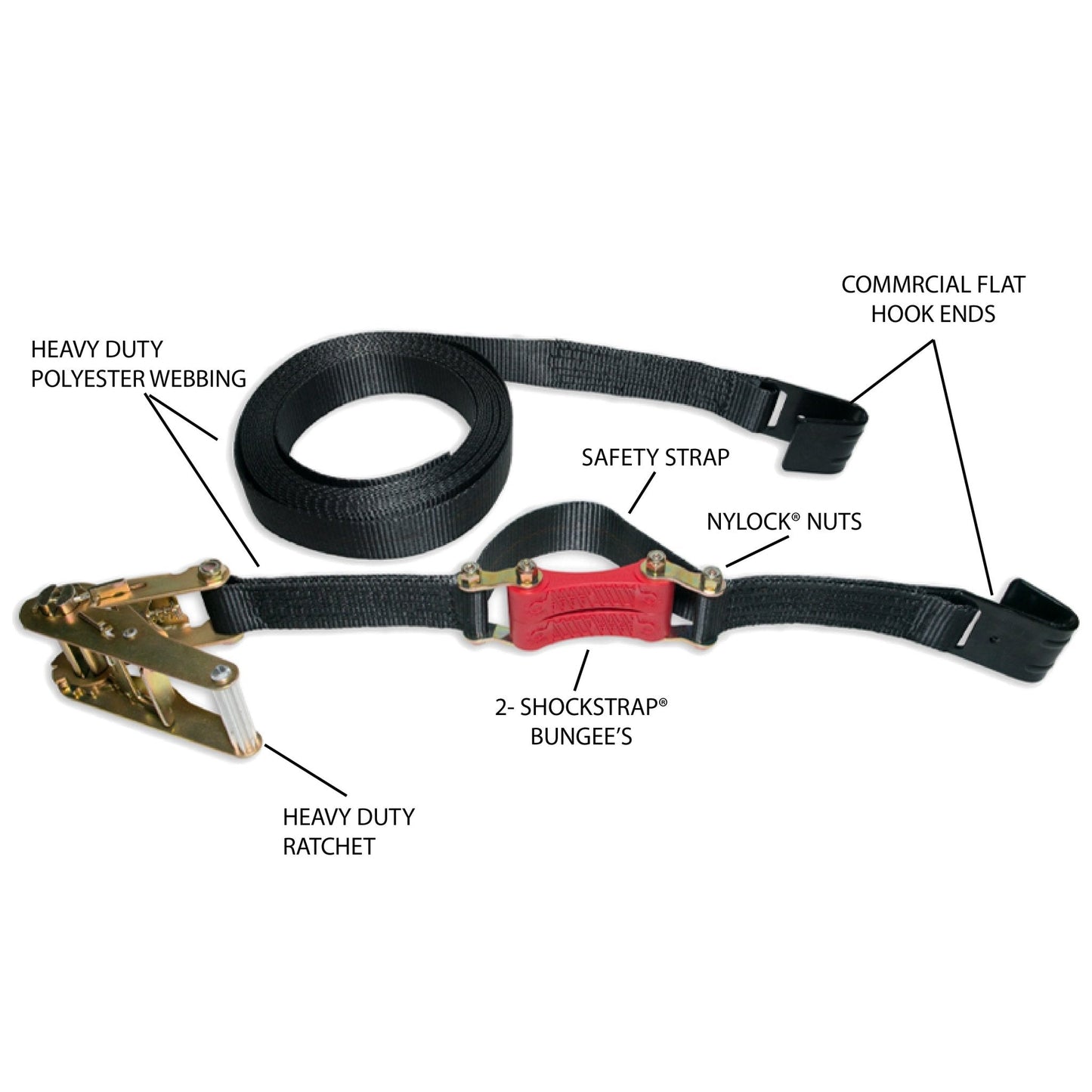 27ft x 2in SHOCKSTRAP® Ratchet Strap w Flat Hooks, Premium Made In USA Polyester Webbing, 10,000lb Break Strength, 3,333lb Working Load Limit, Commercial Grade