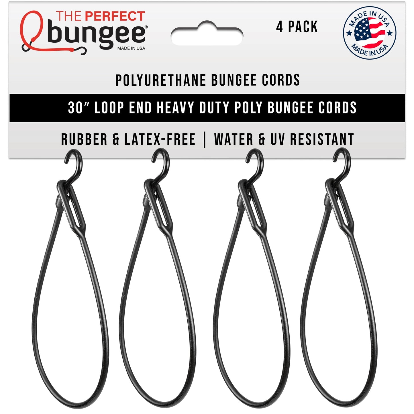 30" Loop End Heavy Duty Poly Bungee Cord, 4 Pack