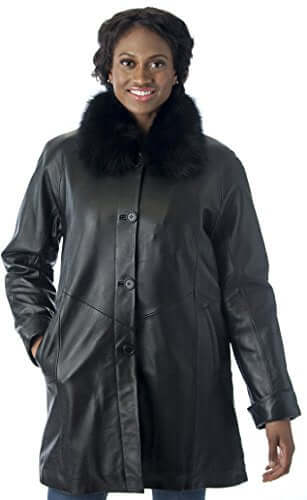REED Women's Imported Lamb Leather Swing Coat with Real Fox Fur Collar