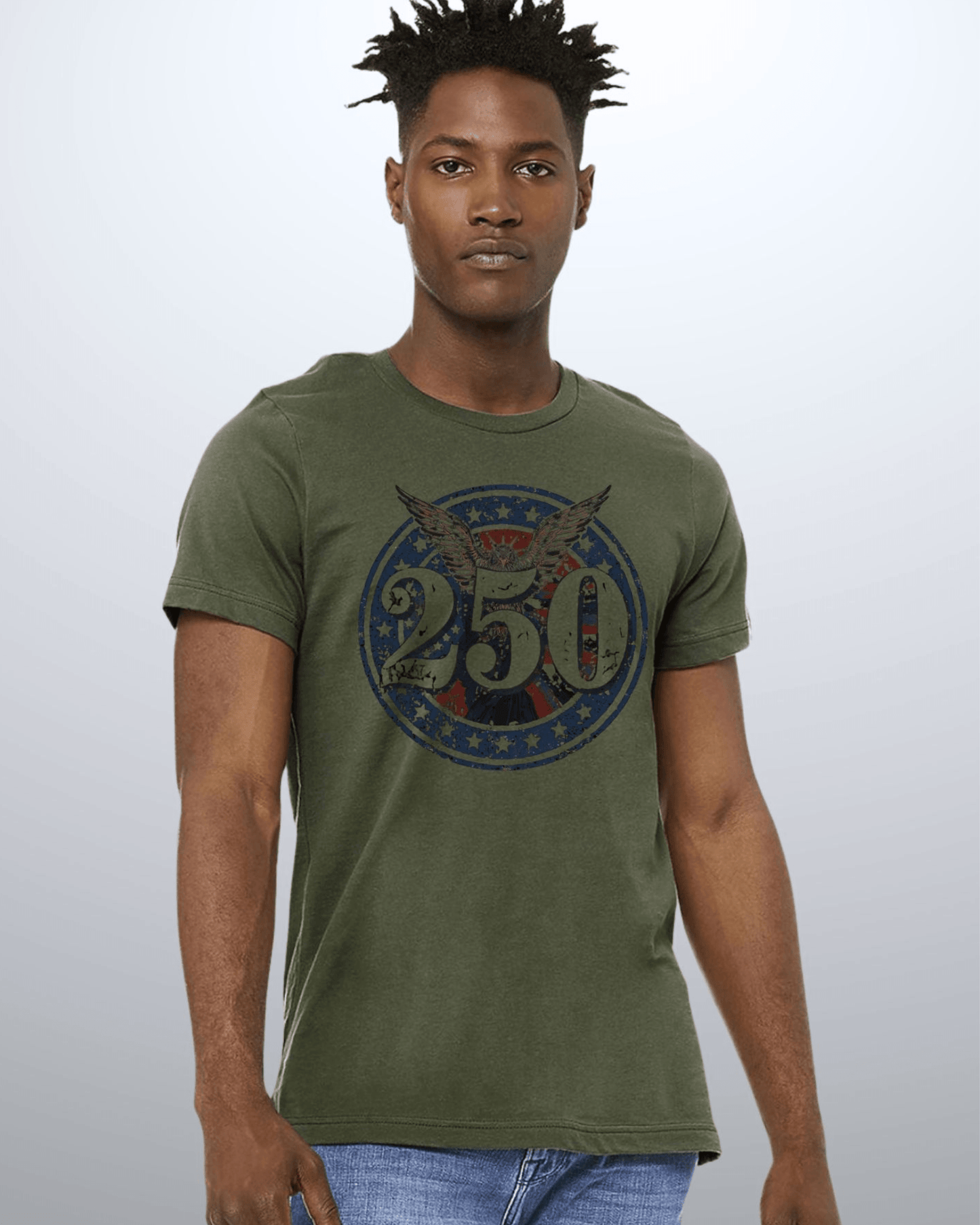 250 Emblem Men's T-Shirt in Army Green Patriotic Made in USA 4th of July