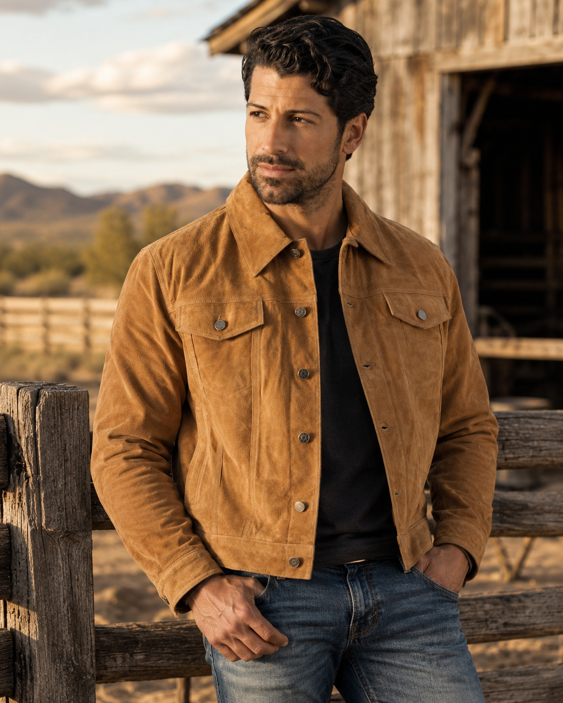 REED Men's Western Jean Style Suede Leather Shirt Jacket - Imported