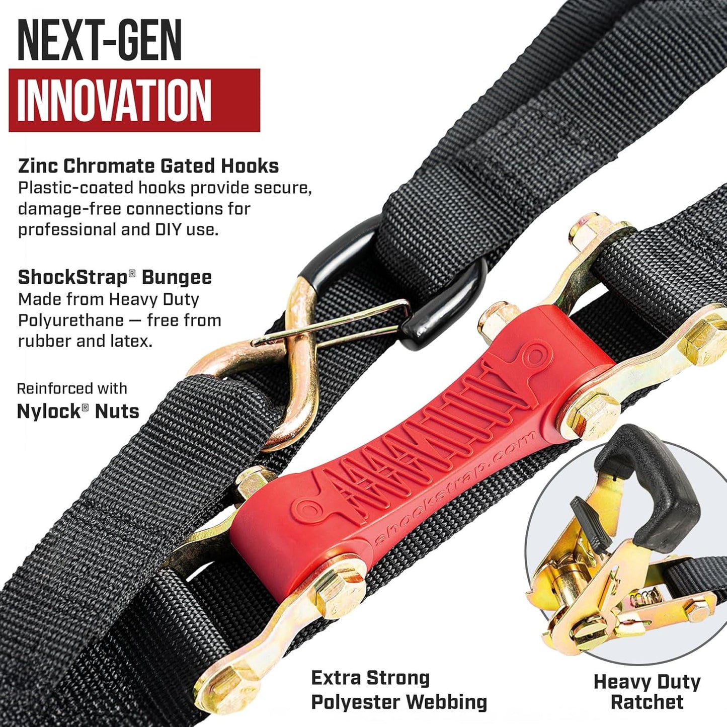SHOCKSTRAP 7 ft x 1.5 in Ratchet Strap with Clip Hooks | Constant Tension | 3,000 lb Break Strength | 1,000 lb Working Load Limit