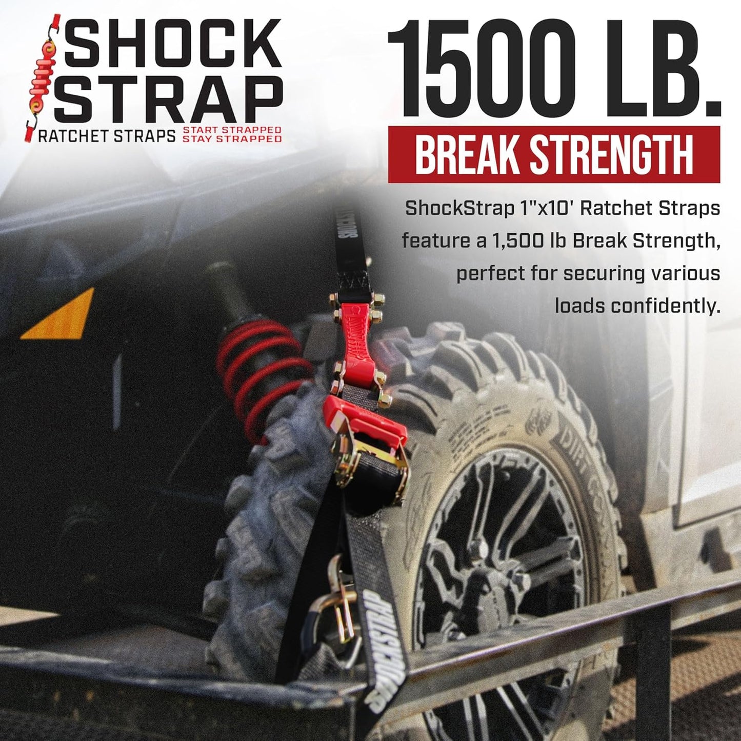 SHOCKSTRAP 7 ft x 1.5 in Ratchet Strap with Clip Hooks | Constant Tension | 3,000 lb Break Strength | 1,000 lb Working Load Limit