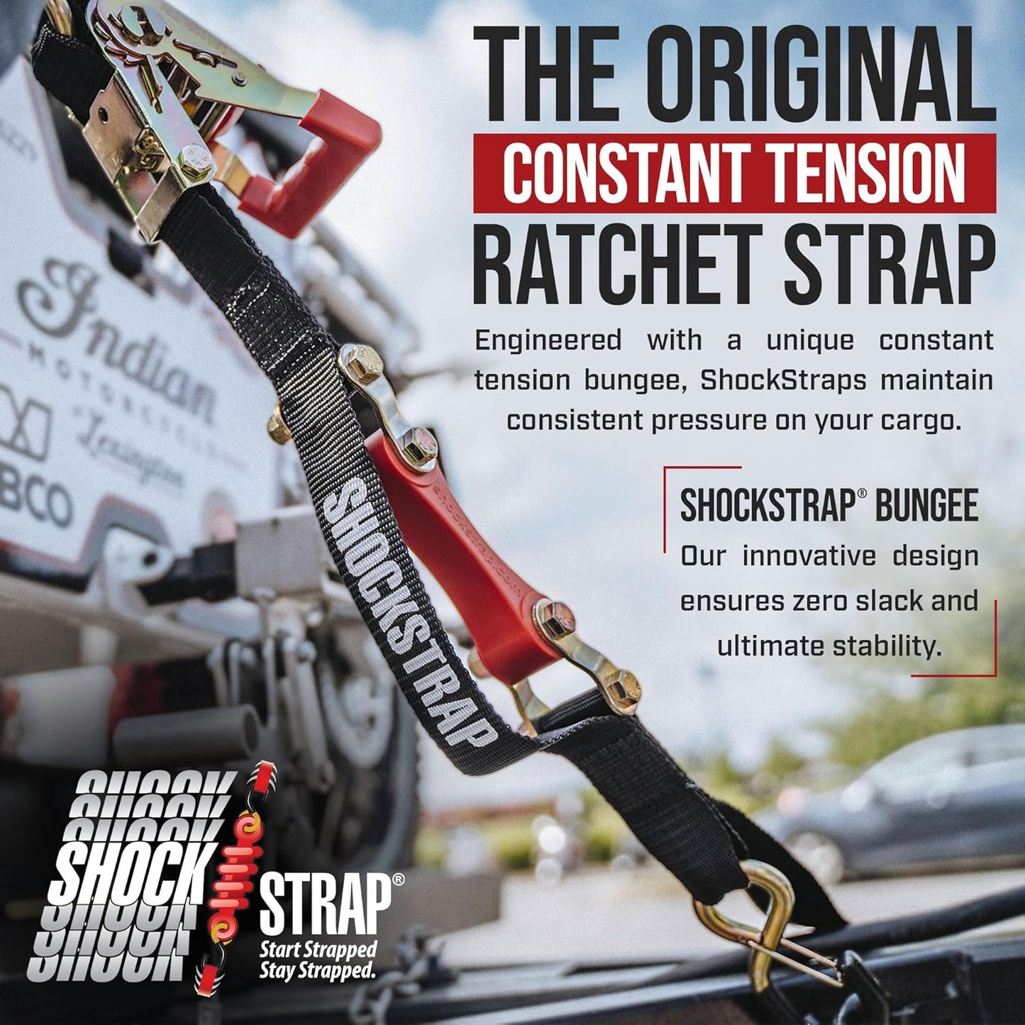 SHOCKSTRAP 7 ft x 1.5 in Ratchet Strap with Clip Hooks | Constant Tension | 3,000 lb Break Strength | 1,000 lb Working Load Limit