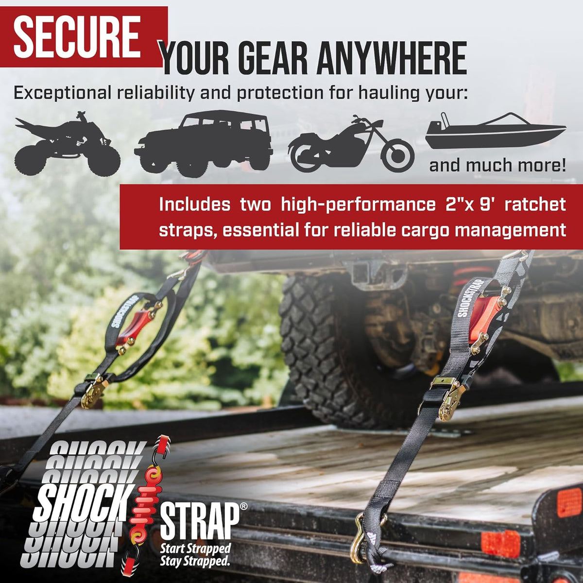 SHOCKSTRAP 9 ft x 2 in Ratchet Strap with Double Wire J Hooks | Constant Tension | 6,000 lb Break Strength | 2,000 lb Working Load Limit