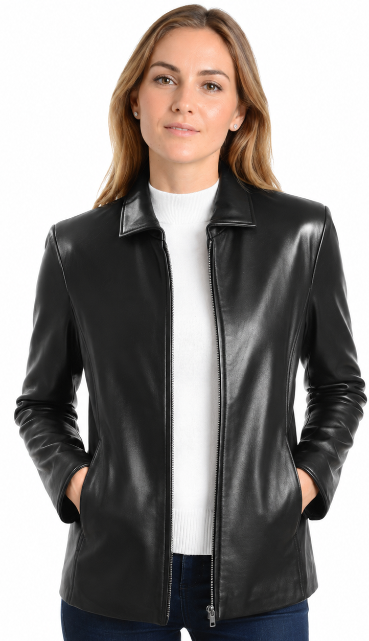 REED Women's Lambskin 26" Classic Leather Jacket - Imported