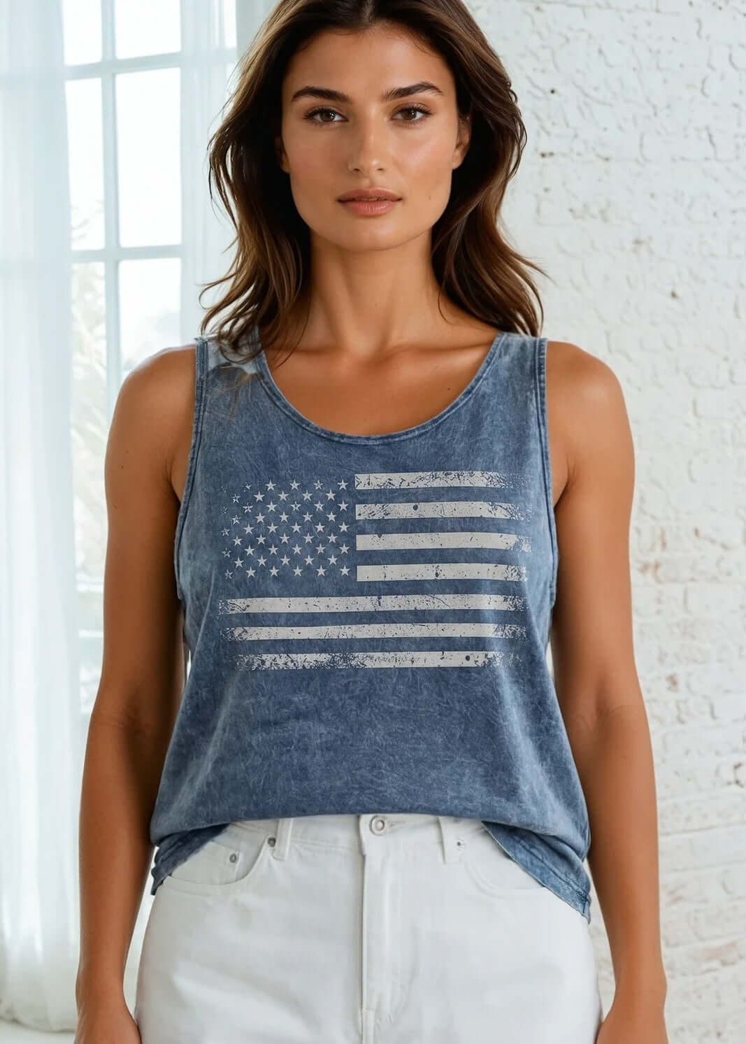 Distressed American Flag Graphic Premium Cotton Tank Vintage Wash