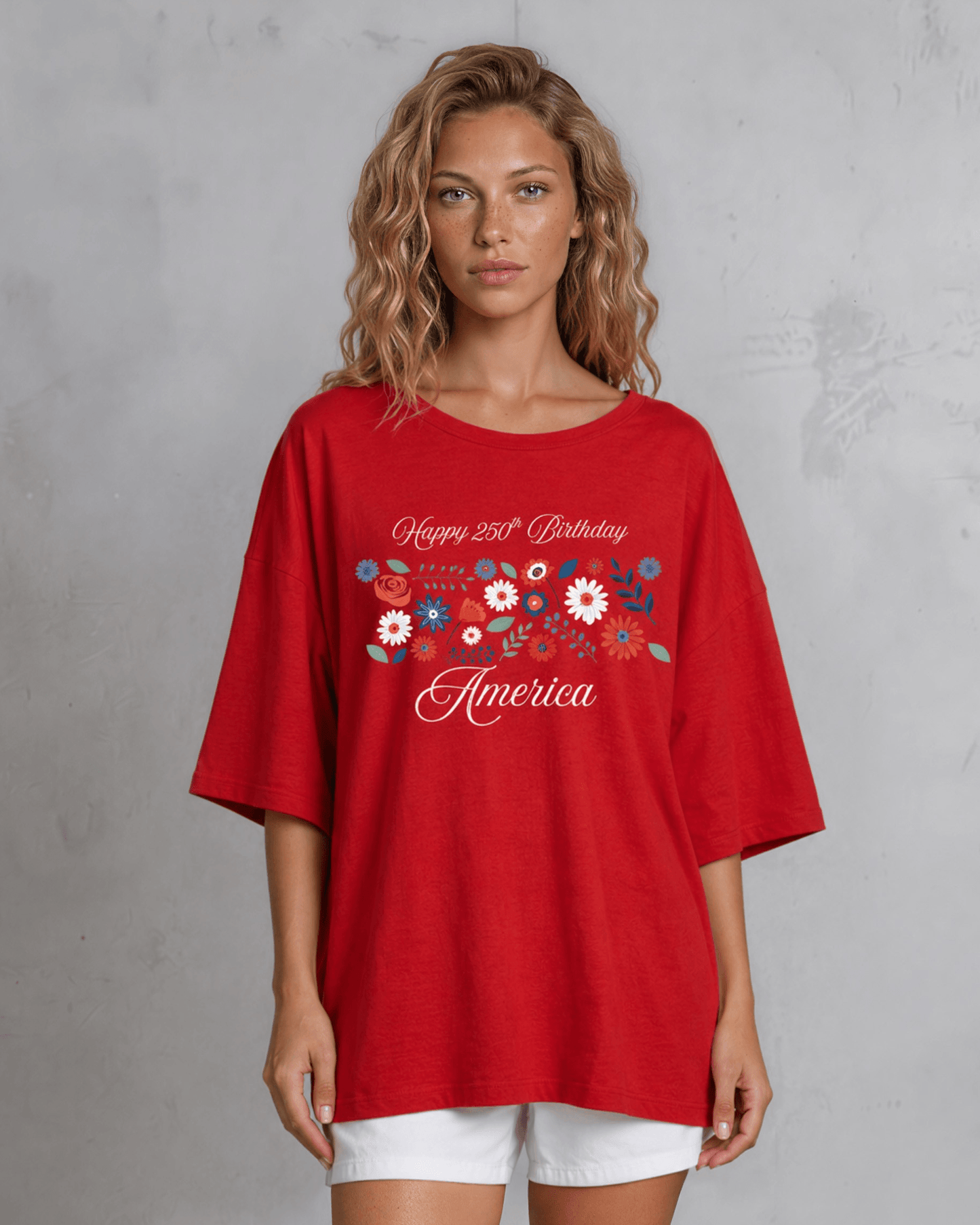 Happy 250th Birthday America Oversized Slub Top in Crimson Red