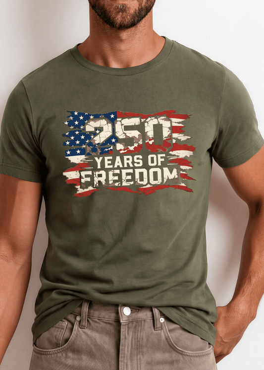 250 Years of FREEDOM Red White and Blue Distressed Flag - Army Green