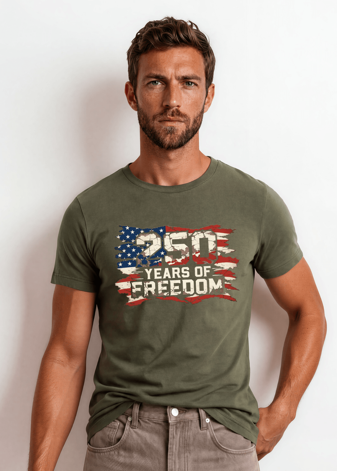250 Years of FREEDOM Red White and Blue Distressed Flag - Army Green