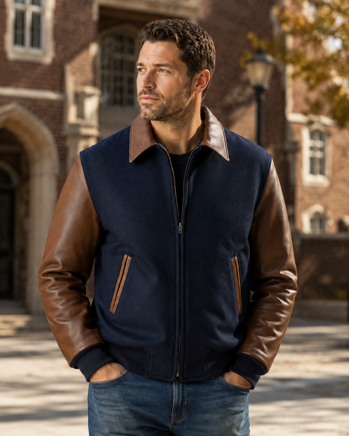 Executive Varsity Jacket From Leather Naked Cowhide Sleeves - Quality Wool Body -  Union Made in USA