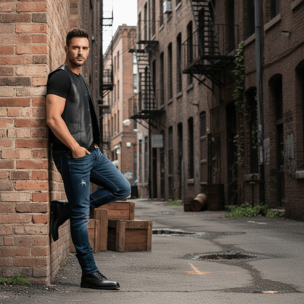 REED Men's Soft Durable Motorcycle Leather Vest Black, 2 Inside Pockets - Imported