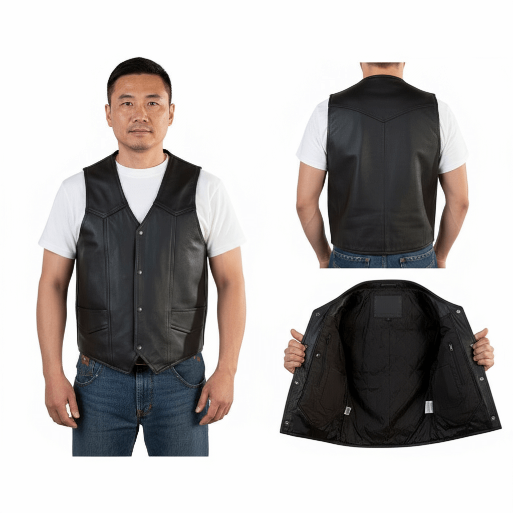 REED Men's Soft Durable Motorcycle Leather Vest Black, 2 Inside Pockets - Imported
