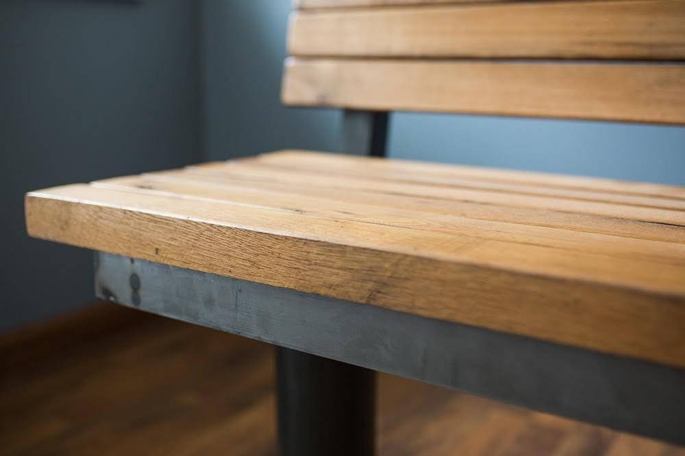 FREE SHIPPING - Bolted Down Bench With Back - Reclaimed Furniture For Restaurants - Wooden Bench With Back For Cafe