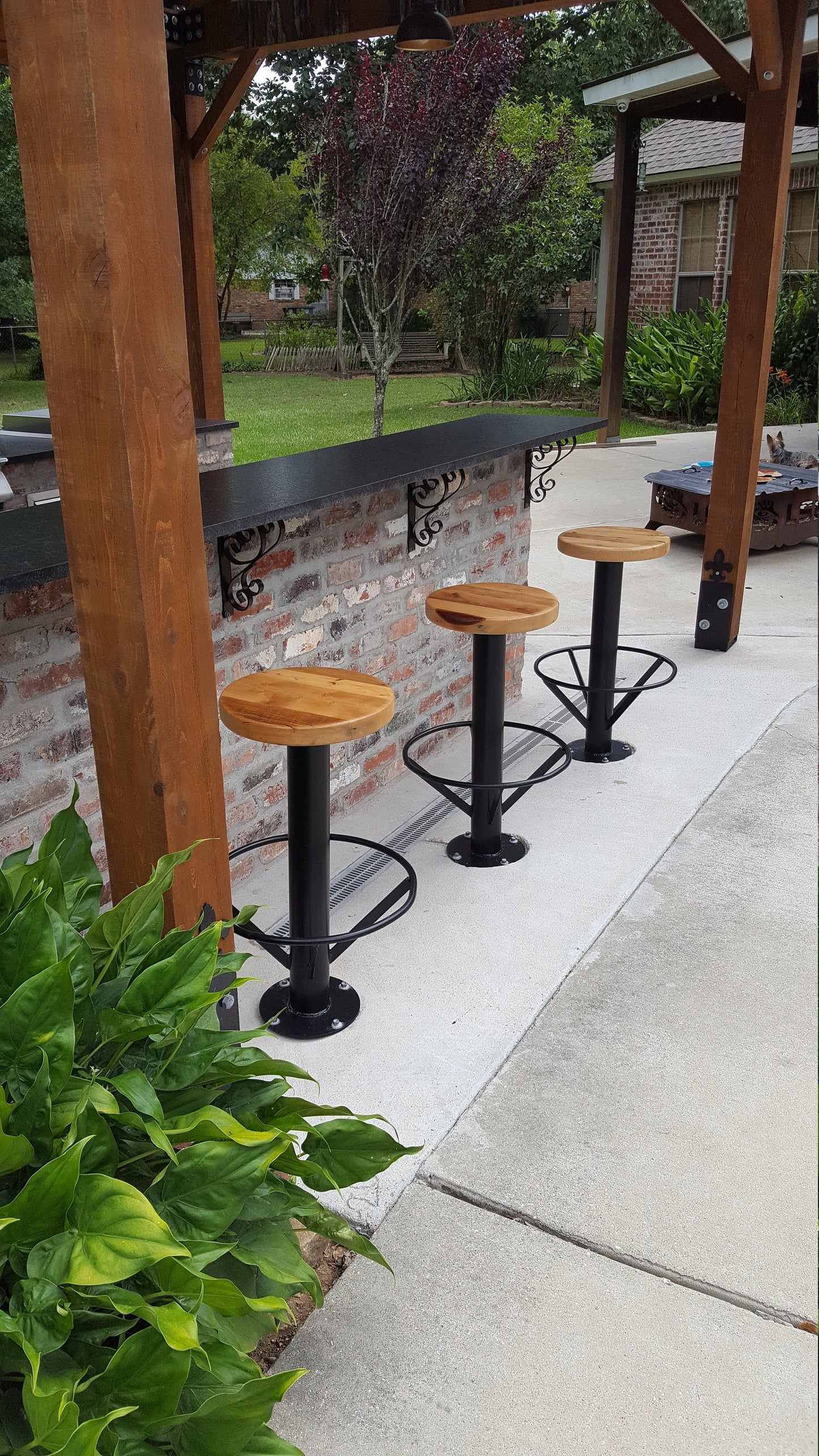 Circular Footrest Bolt Down Bar Stools, Rustic Modern Bolt Down Bar Stool, Outdoor Patio Bar Stools, Floor Mounted Metal Bar Stool