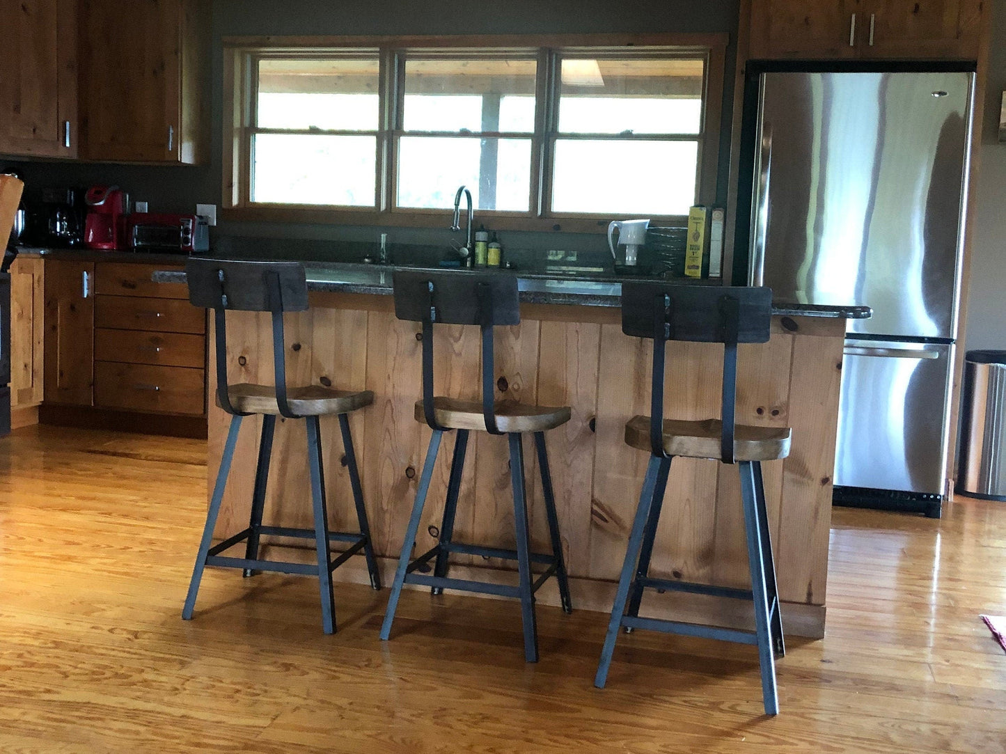 FREE SHIPPING -- Scooped Seat Bar Stools With Backs, Counter Height Stools, Brew Haus Industrial Bar Stools, Reclaimed Wood Bar Stools