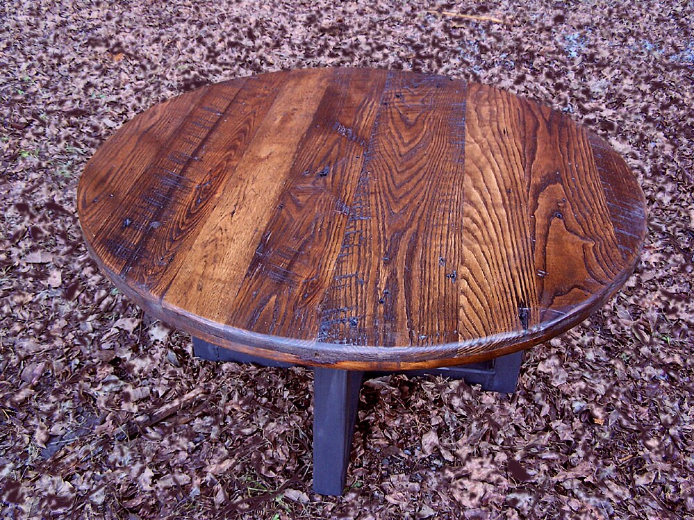 Round Coffee Table, Wormy Chestnut Table, Metal Coffee Table Base, Industrial Coffee Table, Wood End Table, Coffee Side Table, Modern Table