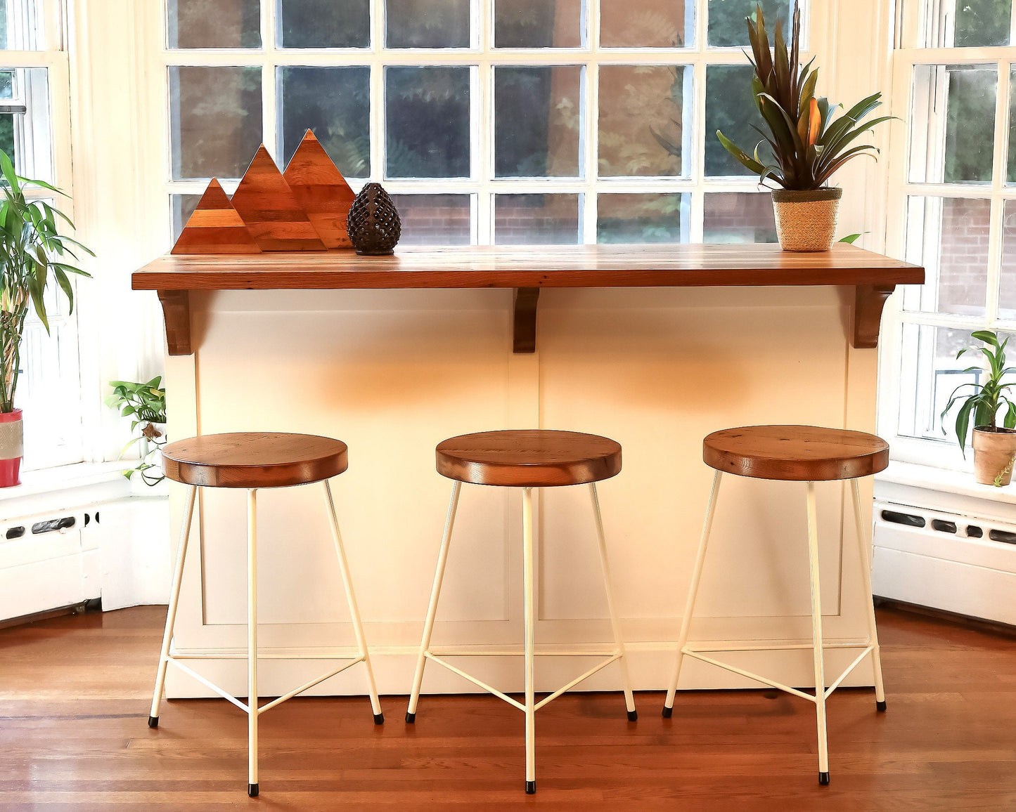 Counter Stools, Bar Stools Counter Height, Backless Bar Stools, Vintage Factory Stools, Industrial Wood Bar Stool With 3 Metal Legs, Danish