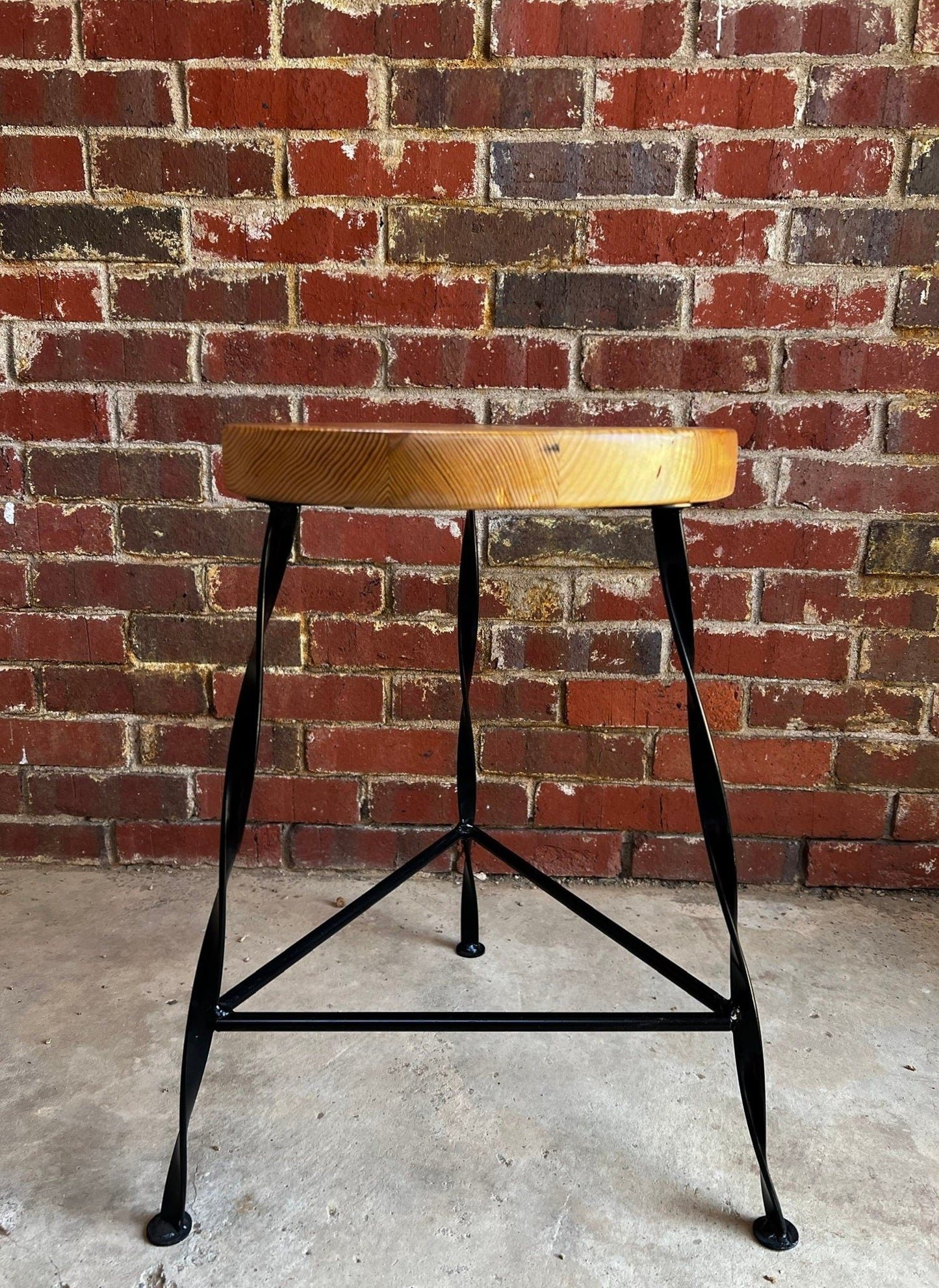 FREE SHIPPING - Twisted Wrought Iron Leg Bar Stool, Modern Bar Stool, Industrial Tripod Bar Stool, Backless Bar Stool, Reclaimed Wood Stool