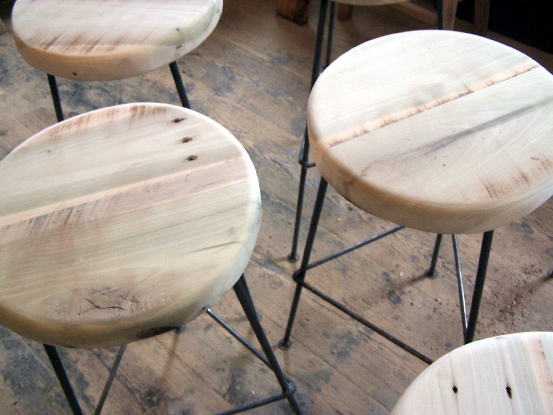 Counter Stools, Bar Stools Counter Height, Backless Bar Stools, Vintage Factory Stools, Industrial Wood Bar Stool With 3 Metal Legs, Danish