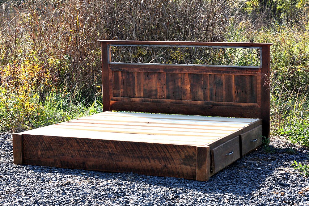Platform Bed Storage, Queen Size Bed Frame, King Size Bed Platform, Iron Headboard, Reclaimed Wood Platform, Barn Wood Bed With Drawers