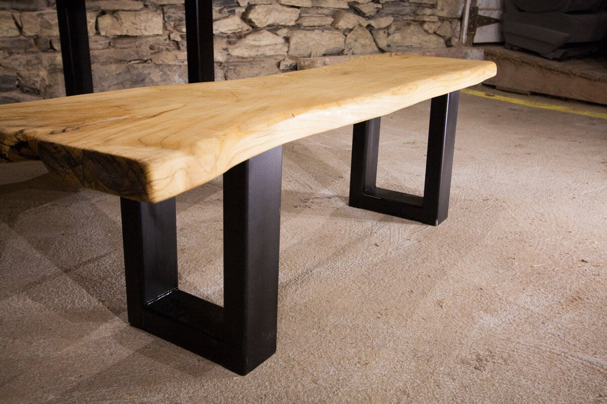 Live edge bench made of solid slab wood - Raw edge slab top with metal base - Mid century modern home decor