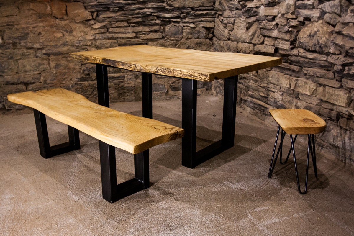 Live edge bench made of solid slab wood - Raw edge slab top with metal base - Mid century modern home decor