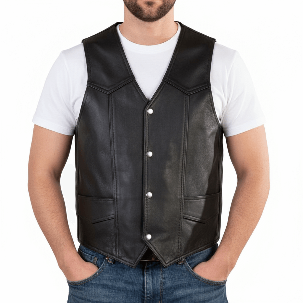 REED Men's Soft Durable Motorcycle Leather Vest Black, 2 Inside Pockets - Imported