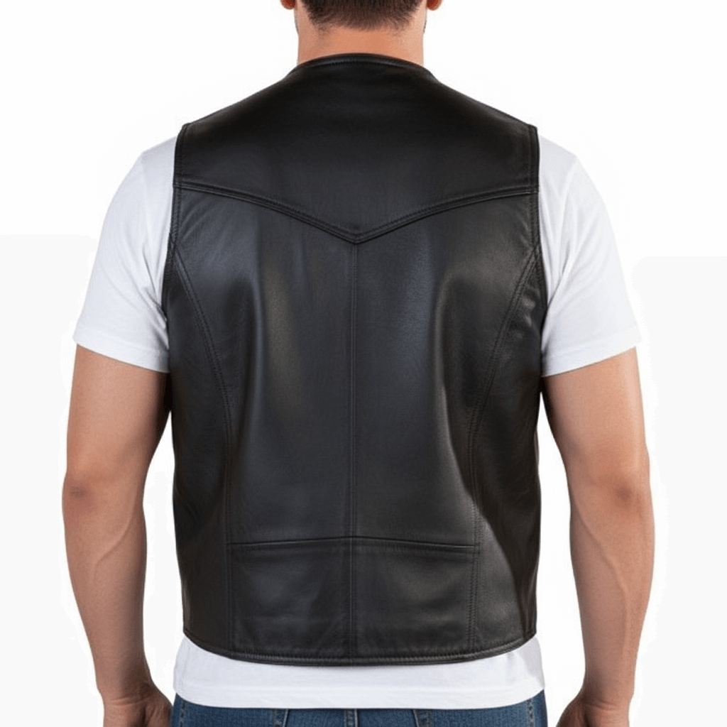 REED Men's Soft Durable Motorcycle Leather Vest Black, 2 Inside Pockets - Imported